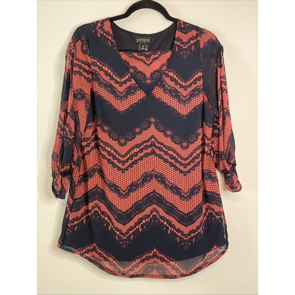 Enfocus Studio 10 Petite Tunic Top Navy‎ Coral Lace Print Sheer Sleeve Boho